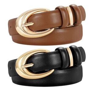 Womens Skinny Leather Belt 2 Pack Gold Buckle Jeans Dress Pants